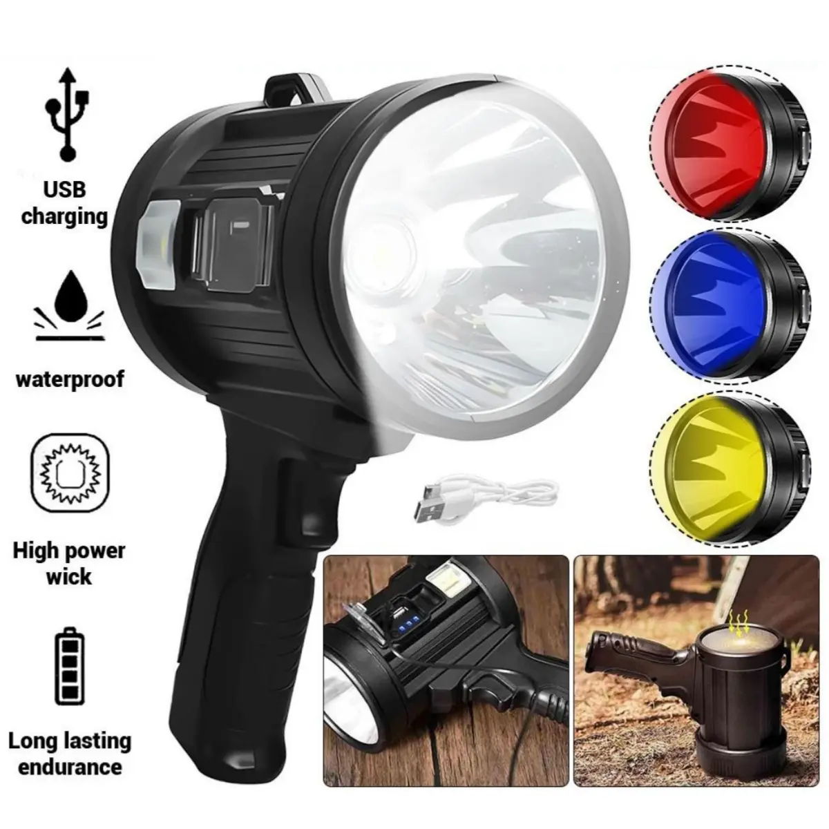 Brightest Rechargeable Spotlight 6 Modes, Rechargeable  with Solar Panels Spotlight Flashlight Outdoor, Powerful LED Spotlights Long Runtime, Large Handheld Spot Light for Boating Hunting