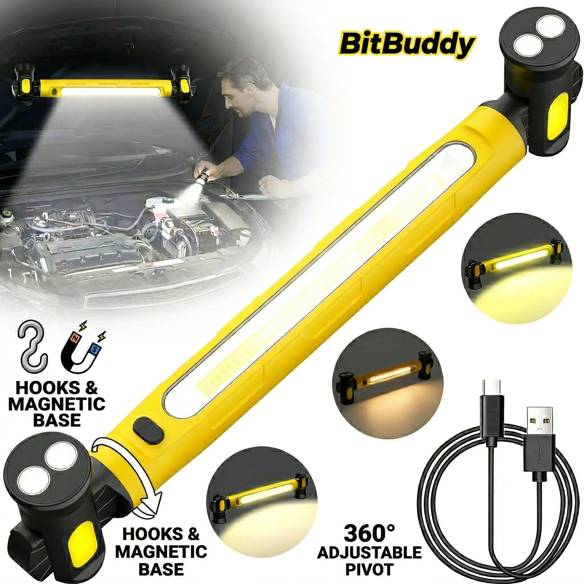 Magnetic LED Work Light 2500LM, Rechargeable Underhood Mechanic Light, 5200mAh Cordless Car Repair Light with Hooks for Garage & Emergency