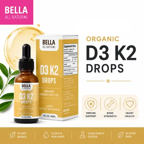 Bella All Natural D3 K2 Drops Organic Omega 3 MCT Oil 50ml Supplement for Daily Health Needs