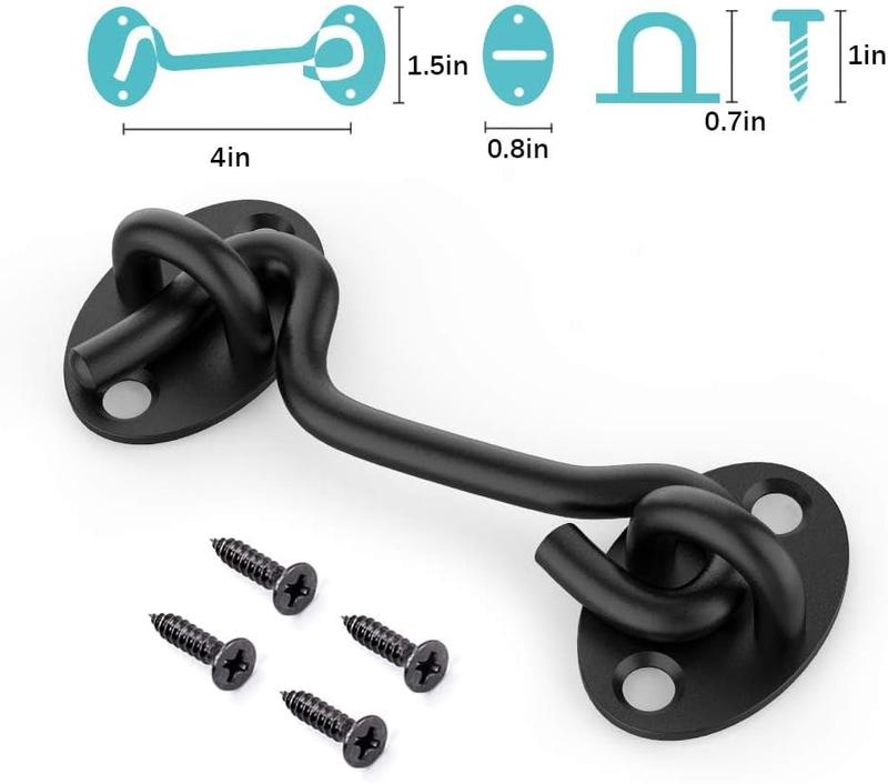 Barn Door Lock Gate Latch - 2 Pack 4 Inch Black Hook and Eye Latch Heavy Duty Screen Latches Hardware Stainless Steel Gate Lock Cabin Hooks for Sliding Door Bedroom Outdoor Window Cabinet Bathroom (Black)