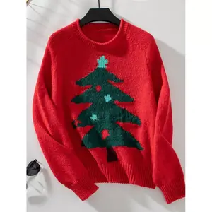 Coolmee Women's Christmas Sweatshirt Round Neck Ugly Christmas Tree Partern Sweater Long Sleeve Top for Holiday Red L