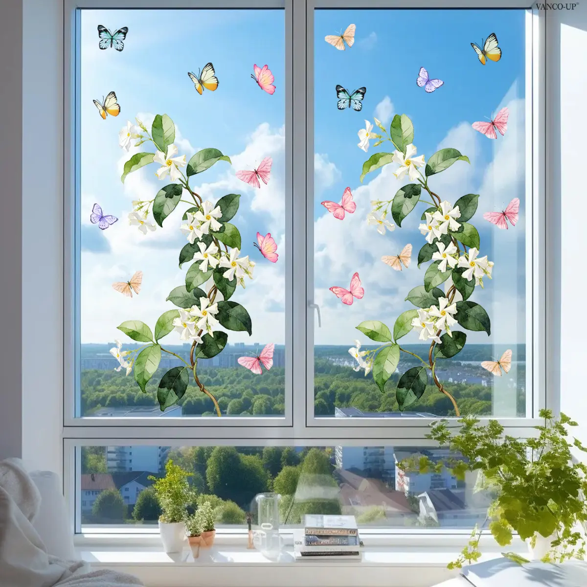 A set (30*60cm*2pcs) of Windmill Jasmine Butterfly Window Stickers, 2D flat electrostatic glass stickers for window decoration, D22066-NC