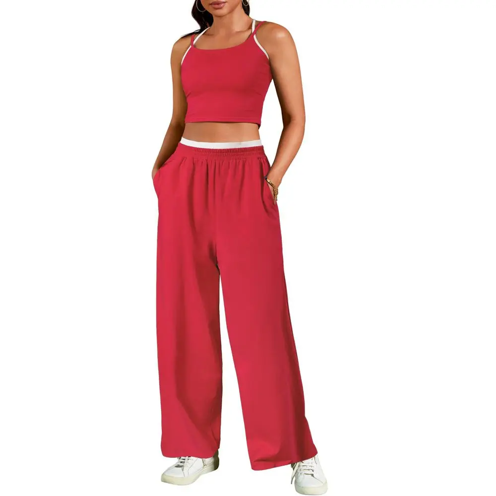 ATHLECHIC Women's Summer 2 Pieces Outfits Tracksuit Crop Camisole and Wide Leg Pants Lounge Sets Red Small