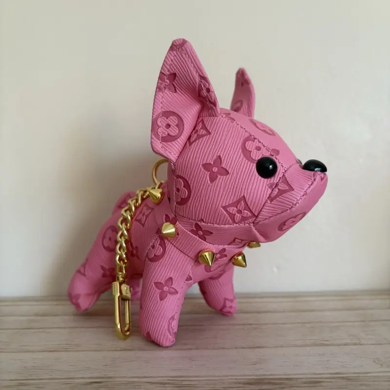 Premium Pink Monogram Leather Puppy Bag Charm French Bulldog Luxe Keychain Accessory for Bags Keys & Shelf Display with Gold Stud Collar and Durable Stitching