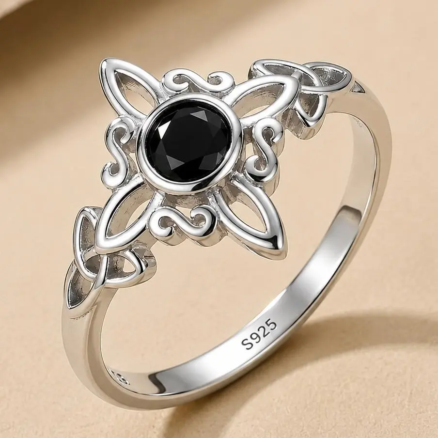 Vintage Floral Witch Knot Ring for Women, 925 Sterling Silver Female Celtic Jewelry with Black CZ, Wiccan Protection Amulet for Anniversary