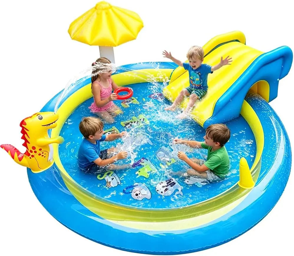 Dinosaur Inflatable Play Center, Kids Round Wading Swimming Pool with Slide, Dinosaur Sprinkle, Mushroom Shade for Kids Children Summer Outdoor Splish Splash, Garden Backyard Water Park, 87"x75"x31.5"