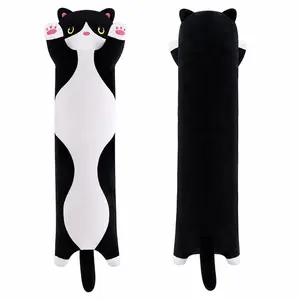 CHUBBYJOY Long Cat Plush Body Pillow, 20Inch Soft Black White Cat Stuffed Animal Pillow with Raised Paws and Long Tail, Kawaii Cat Hugging Pillow for Kids Girls Cat Lovers, Birthday Gift