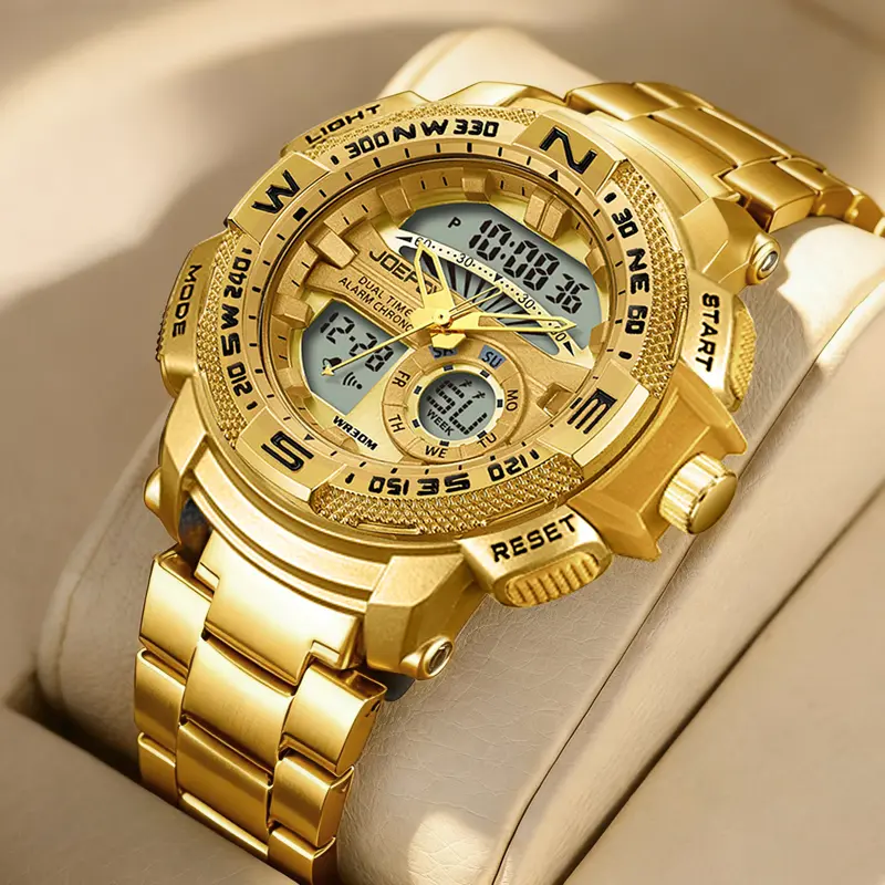Men’s multifunctional stylish sports electronic watch featuring a business quartz display, silicone strap, stainless steel case, luminous function, sports design, water resistance, alarm, and stopwatch functions.