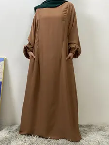 Women's Solid Color Long Sleeve Modesty Abaya, Modest Comfy Round Neck Long Dress for Party Daily Wear, Ladies Islamic Clothing for Muslim for All Seasons