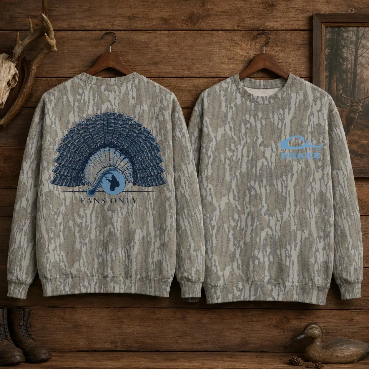 Drake Waterfowl Fans Only Turkey Hunting Bottomland Style Camo Sweatshirt for Men, Vintage Hunting Crewneck, Outdoor Graphic Pullover