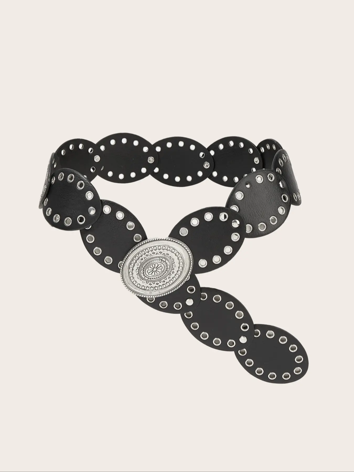 Y2K black faux leather disc statement belt size medium Black Faux Leather Concho Disc Belt | Lime Lush Boutique main image 3