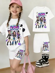 Girls' Summer T-Shirt Shorts Set, Trendy Street Style, K-Pop Trio Cartoon Print, Casual Outdoor Clothing, Perfect Gift