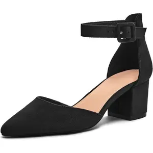 Coutgo Women's Pointed Toe Pumps Ankle Strap Buckle Chunky Block Heel Dress D'Orsay Shoes