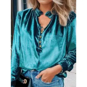 Velvet Ruffle Stand Collar Pullover Shirt with Long Flounce Sleeves & Button Half-Open Placket for Autumn Winter Casual Women's Top Blouses Fabric Womenswear Loose Fit