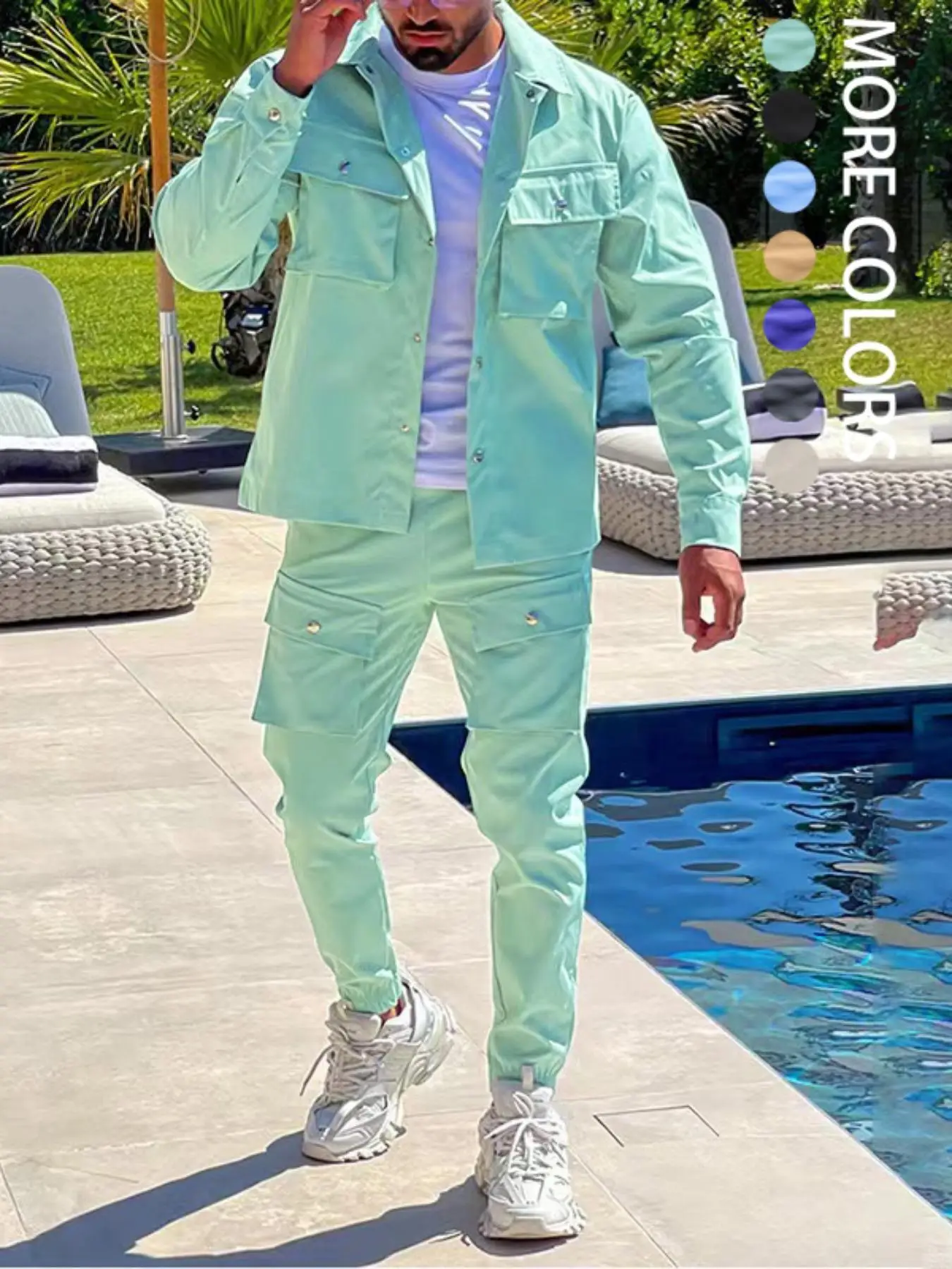 Men's Solid Button Pocket Lapel Neck Jacket & Drawstring Waist Cargo Pant Set, Regular Fit Casual Fashion Cozy Breathable Outfits for Daily Outdoor We