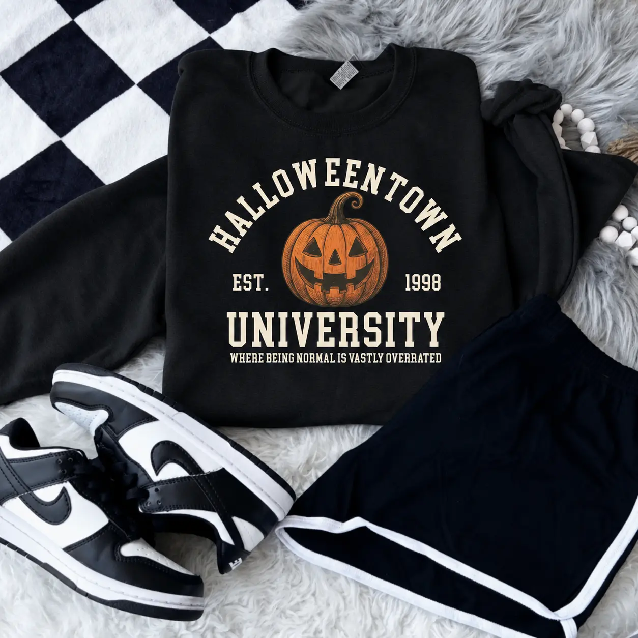 Halloween Town University Pumpkin Graphic Sweatshirt, Spooky Season Crewneck Pullover, Casual Long Sleeve Fall Outfit and Winter for Women and Men, Cotton Fabric