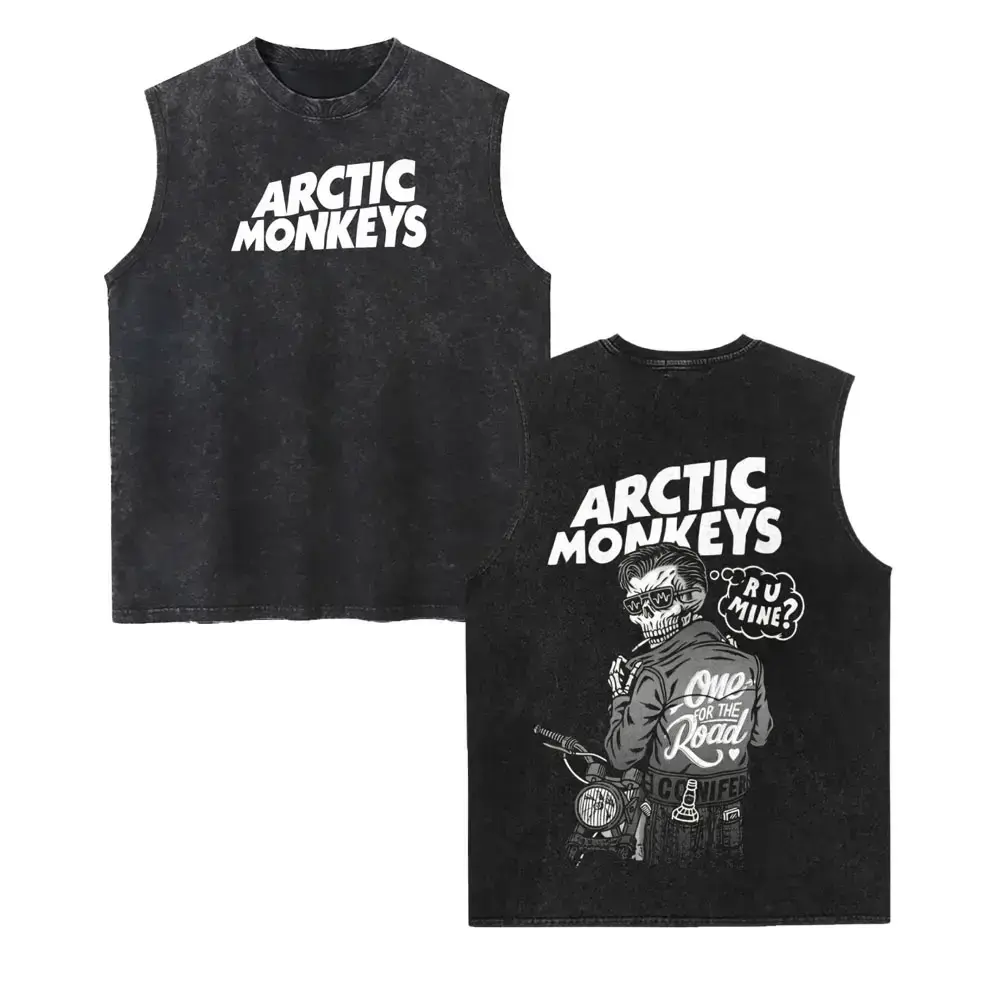 Men's Sleeveless Vintage Washed 230gsm Soft Cotton T-Shirt - Arctic Monkeys Retro Graphic Band Print, Unisex Oversized Casual Fit, Medium Length, Relaxed Cut, Menswear Apparel, XXXL Size, Tumble Dry Compatible