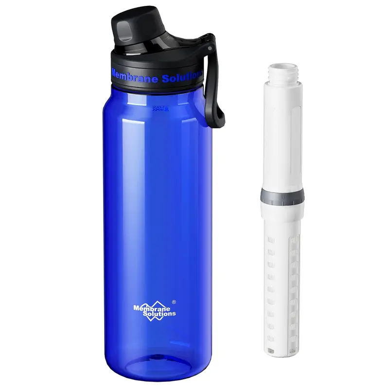 Membrane Solutions 36oz Reusable Gym Water Bottle - 6-Stage Replaceable 4-Stage ACF & UF Filter Cartridge, Leakproof Seal, Portable Water Container for Sports, Hiking