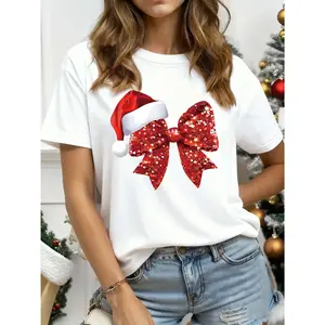 Christmas Red Sequin Bow Pattern Printed Casual Round Neck Short Sleeve Top for Women - Suitable for Spring and Summer Parties, Affordable and Cheap