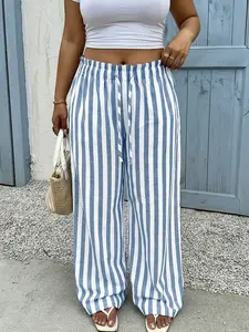 Women's Casual Light Blue Striped Wide Leg Pants | Elastic Waist Drawstring Trousers | Soft Loungewear & Daily Wear for Home, Work, Travel