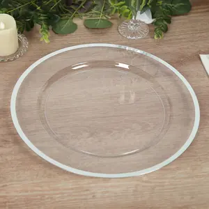 10-Pack Economy Plastic Charger Plates 12" Round Clear with Wide Silver Rim - Dinner Party Serving Plates