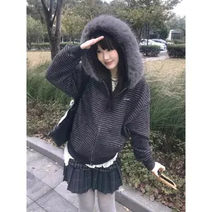 American Retro Striped Detachable Fur Collar Hooded Coat Women Sweet Fashion Loose Jacket Y2k Harajuku Vintage Sweatshirt New