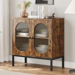Brown Functional Storage Buffet Cabinet - Rattan Accent Sideboard with Doors and Shelves, Wood Console Entryway Cabinet for Living Room, Dining Room