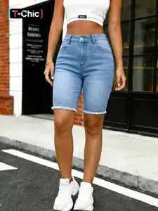 Women's Fashion Light Blue Slim Fit Mid Waist Short Pants, Elastic Fabric Casual Daily Wear Jeans, Summer Shorts for Women