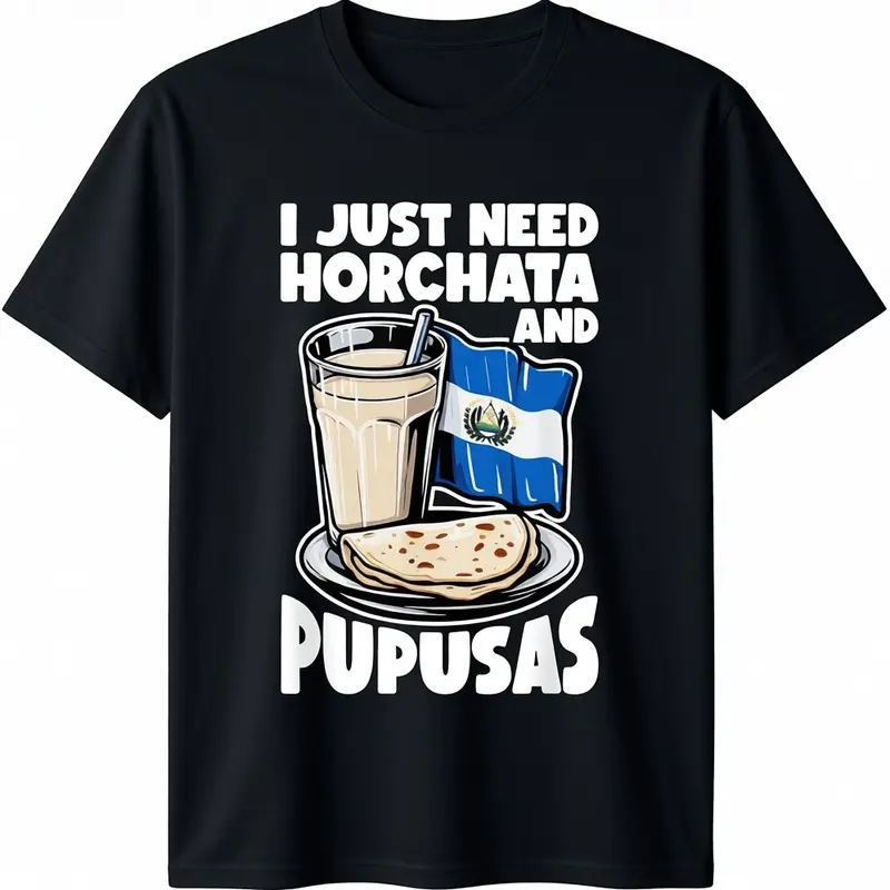 Men's Cotton Short-Sleeve Casual T-Shirt Clothes - Round Neck Graphic Menswear Top, Fashion Streetwear with El Salvador-Inspired Horchata Pupusas Design