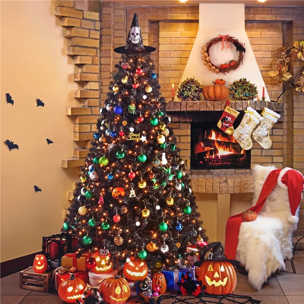 Alden Design 7.5' Prelit Black Hinged Spruce Artificial Christmas Tree with Incandescent Lights - Perfect for Holiday Decor Ornaments Halloween Decoration Metal