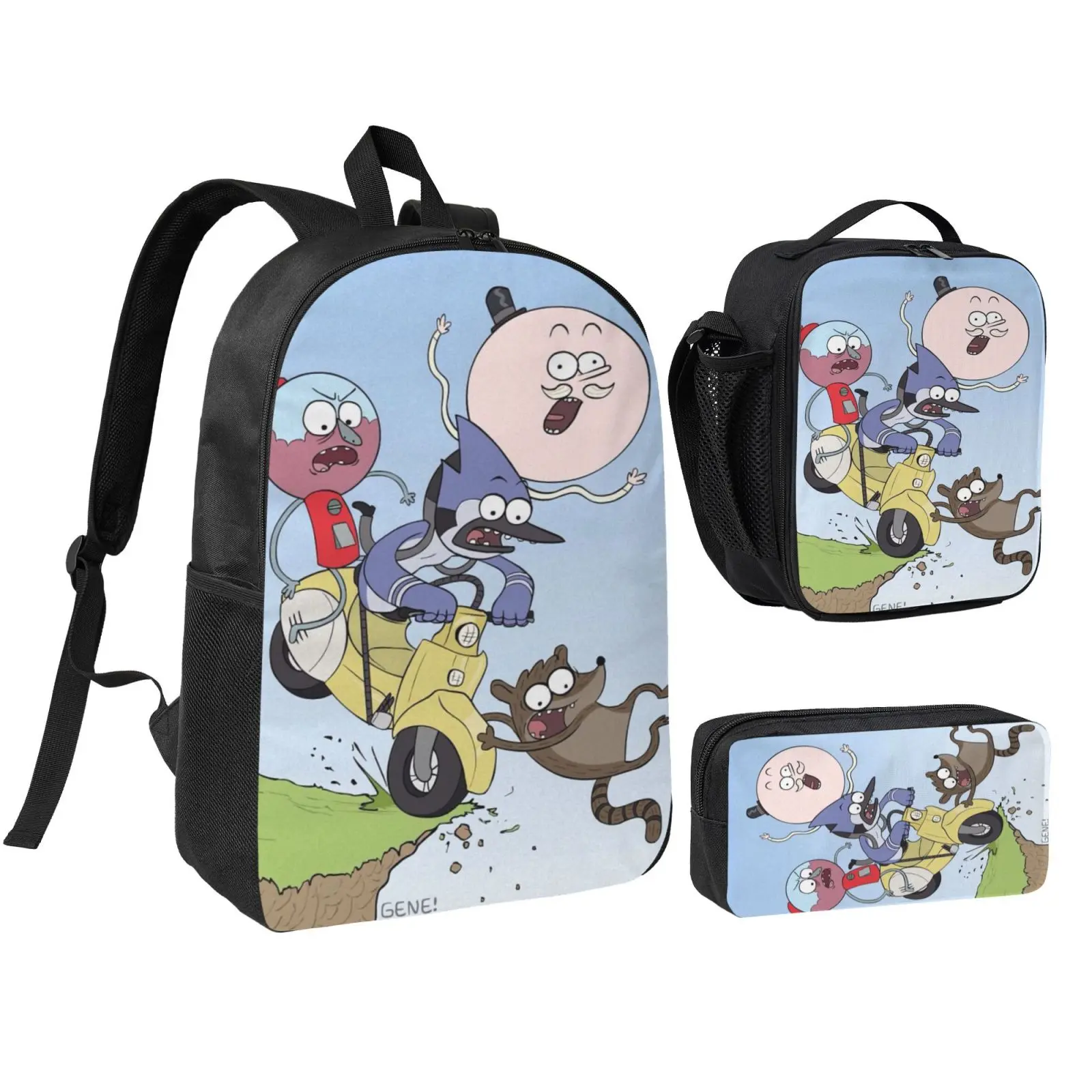 Retro Regular Show 3-Piece Backpack Set for Girls & Teens, Heavy-Duty Water-Resistant School Bookbag with Insulated Lunch Tote, Pencil Case, Front Zip Pocket for Casual Outings, Family Trips, Weekend Hiking, Boys, Hidden Inner Sleeve, Thick Padded Shoulde