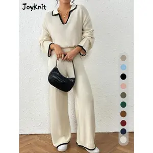 Two-Piece Set Women's Contrast Binding Drop Shoulder Sweater & Straight Leg Pants Set, Casual Fashion Cozy Knitwear Set for Daily Outdoor Wear, Women Clothes for Fall & Winter（gift） Womenswear Suits