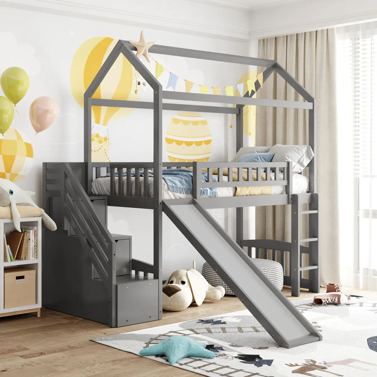 Twin Size Loft Bed Wood Frame with Storage and Slide, House Bed with Slide