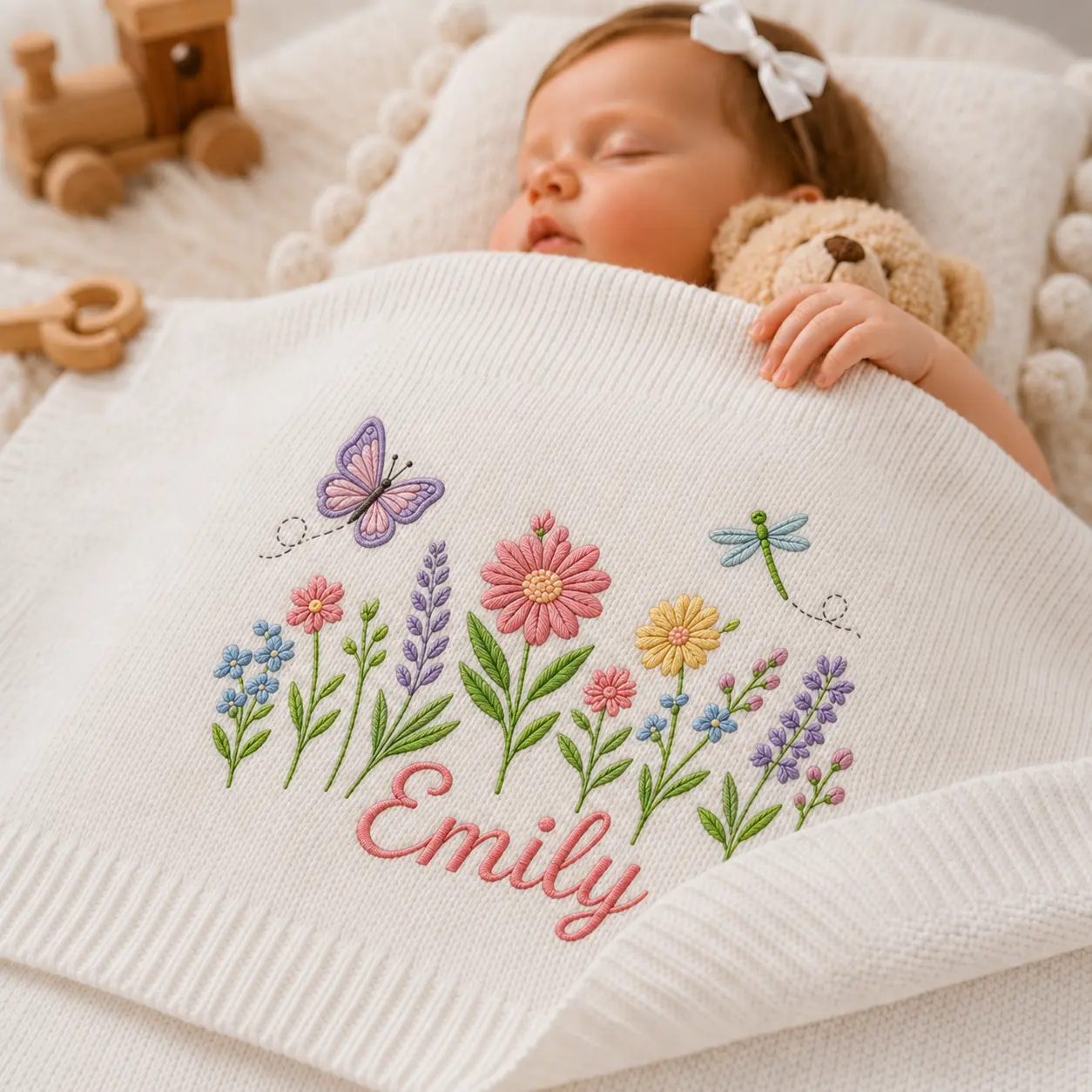 [Made-to-Order] Personalized Daisy Embroidered Baby Blanket, Custom Name Knit Blanket, Lavender Wildflower Ladybug Nursery Decor, Baby Shower Gift