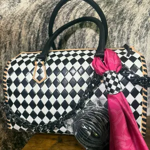Large Checkered Hand Painted Speedy Bag with bag Chain matching Strap and Pink twilly Accessory HAS Paint Blemishes from shipping