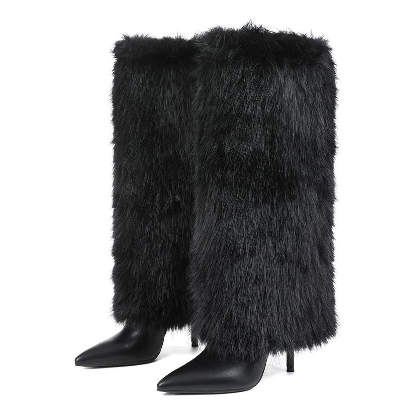 Womens Faux Fur Boots Winter Boots Knee High Boot Pointed Toe Stiletto High Heels Side Zipper Long Tall Wide Calf Pull On Comfy Christmas Party Elegant Nightclub Outdoor Fall Autumn Flurry Fuzzy Booties Fashion Shoes