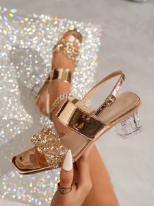 Summer New Rhinestone Chunky Heel Sandals for Women, Fashion One Strap Toe-Open Anklet High Heels, Cross-Border Large Size Elegant Party Shoes, Party Footwear