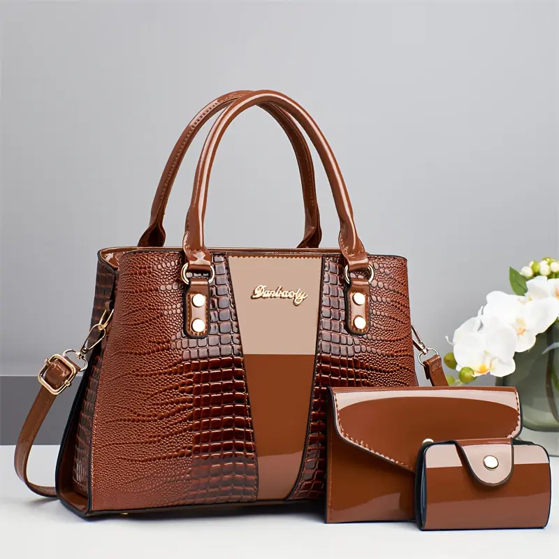 Women's High-End 3-Piece Alligator Print Leather Bag Set - Chic All Match Handbag, Commuter Crossbody Shoulder Purses, Adjustable Straps, Colorful Design for Work (Bags and Accessories), Commuter Handbag