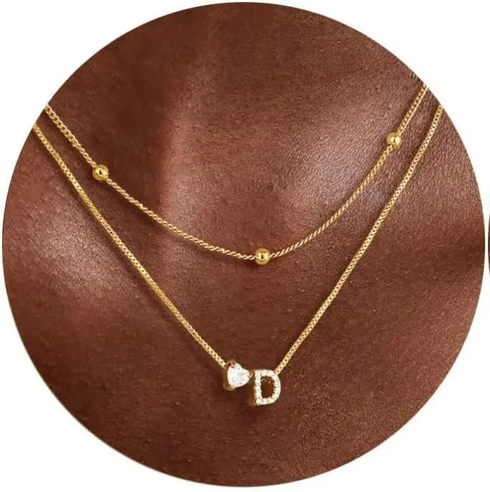 Gold Plated Initial Heart Layered Necklace – Dainty 14K-Gold Plated Chain with Tiny Heart Pendant & A–Z Initial Charm