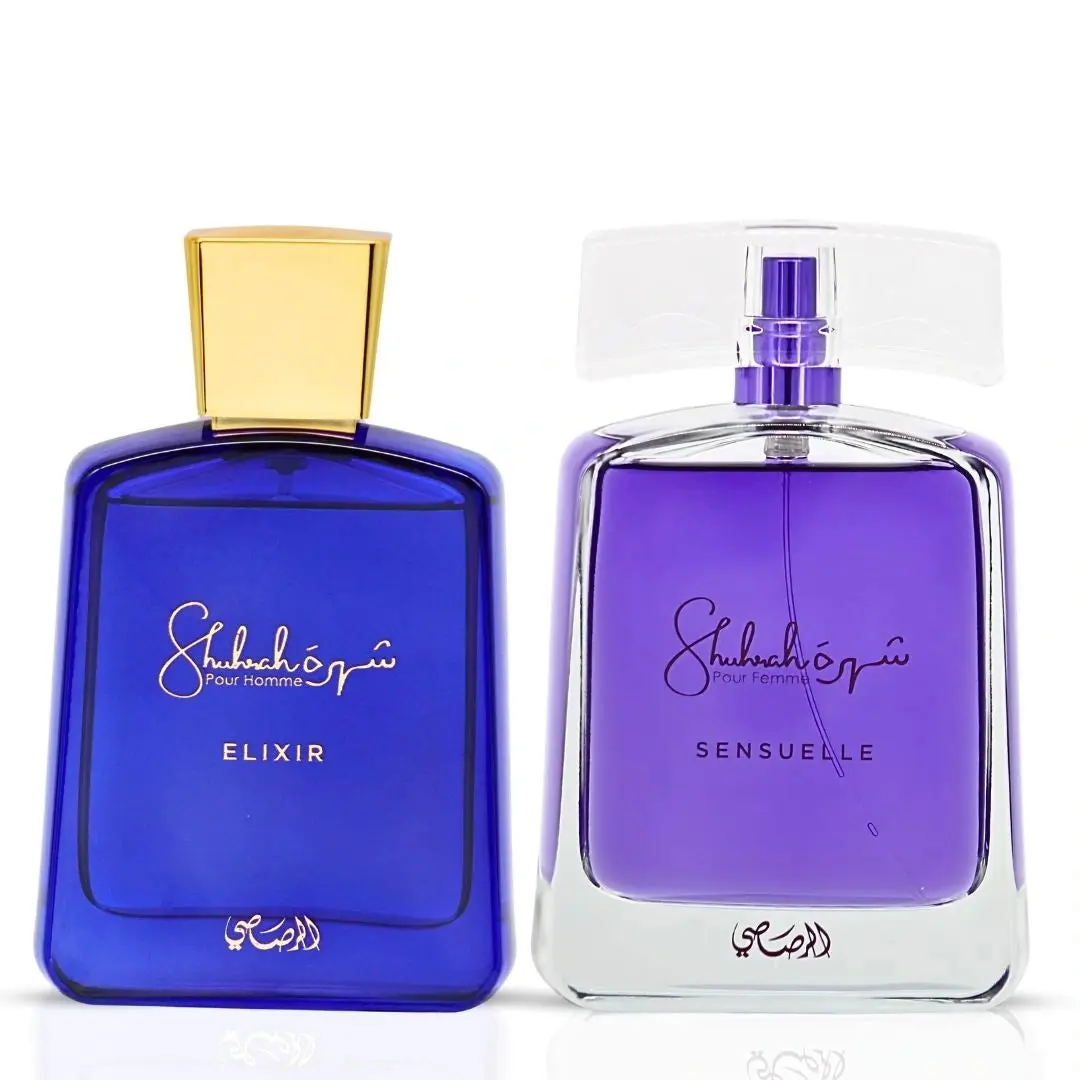 Shuhrah Elixir Pour Homme & Shuhrah Sensuelle Pour Femme Eau de Parfum Sprays 90ml by Rasasi | Bold Masculinity Meets Elegant Femininity (Bundle)