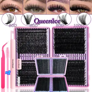 800pcs QUEENICE Lash Extension Kit - Diy Eyelash Kit, 50D/60D/80D/100D Mixed Lash Clusters, Soft Faux Mink, Reusable, with Glue & Applicator, Perfect for Weddings, Parties, Holidays