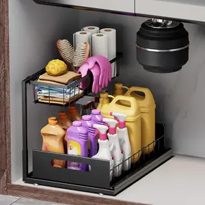 L-Shaped Pull Out Under Sink Organizer,2 Tier Slide Out Kitchen Cabinet Organizer Sturdy Metal Bathroom Storage, Black