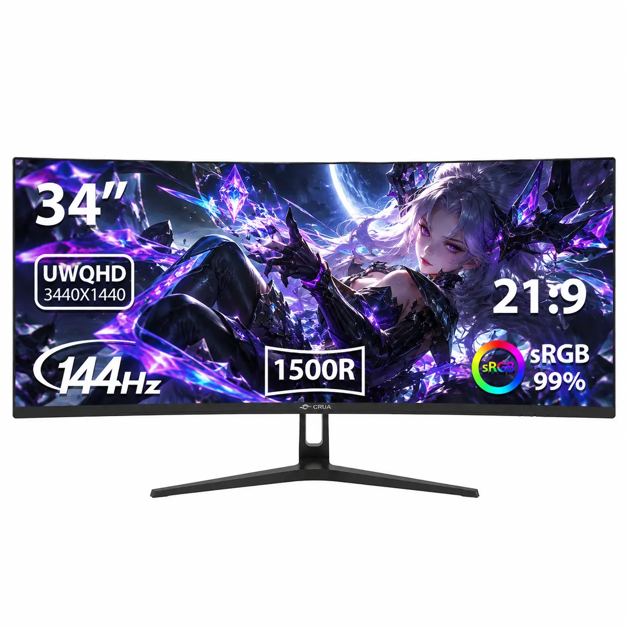 CRUA 34-Inch Curved Gaming Monitor, 21:9 Ultrawide UWQHD 3440×1440 144Hz, 1500R Curved Screen, 99% sRGB, FreeSync, HDMI/DP Ports, VESA Wall-Mountable Computer Monitor, Monitors