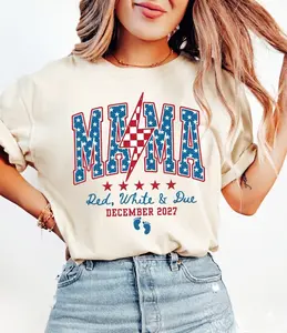 Pregnancy announcement t-shirt for July 4th, American Mama, Red and White, and due date by month in 2027, Patriotic maternity t-shirt, July 4th t-shirt for expectant mothers