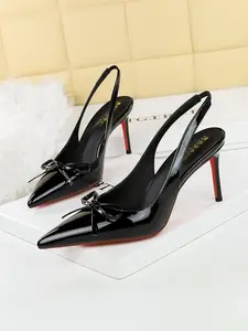 Elegant Women's Butterfly Knot Patent Leather Pointed Toe Slip-On Shoes, Fashionable High Heels with Buckle Strap, Perfect for Parties, Elegant Party Shoes