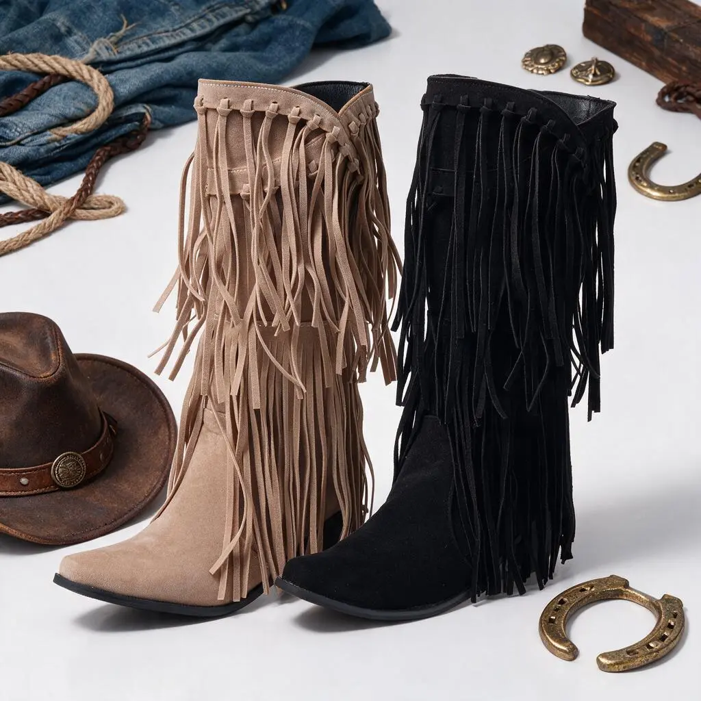 Women's Fringe Cowboy Boots | Faux Suede Mid-Calf Western Cowgirl Boots | Pull-On Western Boots with Low Block Heel | Boho Cowgirl Boots for Concerts, Festivals & Everyday Wear
