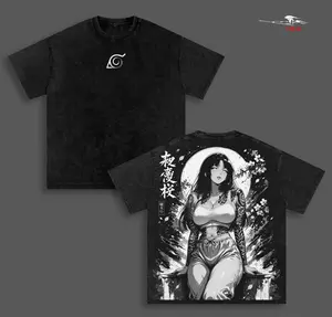 Gothic Hinata Hyuga Naruto Anime Double Printed Vintage Washed Tee Unisex Oversize Heavyweight Cotton T-shirt for Anime Fans and Lovers
