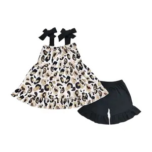 F GSSO0738  Fashionable Adorable Leopard-Print Black Sling Shorts Set for Little Girls