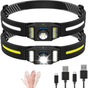 LED Headlamp Rechargeable 2 count, Wide Beam Bright Headlight Flashlight with White Red Light, Lightweight, Weatherproof, 9 Modes Motion Sensor  Lamp for Outdoor Camping Running