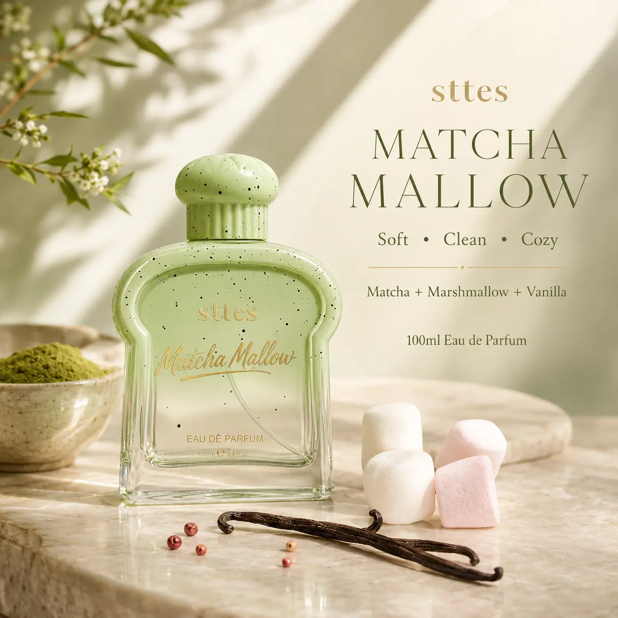 sttes Matcha Mallow Unisex Eau de Parfum, Sweet Green Tea Creamy Gourmand Scent with Matcha Blend, Marshmallow, Vanilla & Musk, Long-Lasting Everyday Daily Wear Fragrance Spray, 100ml/3.4 fl oz, Everyday Perfume, Daily Wear Perfume